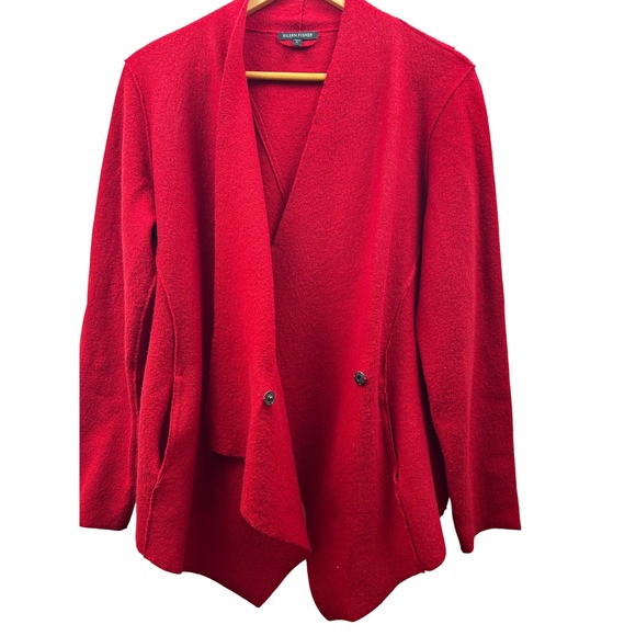 Eileen Fisher Merino Wool Cardigan Jacket Women M Red Avant-Garde Lagenlook Knit - Picture 2 of 12